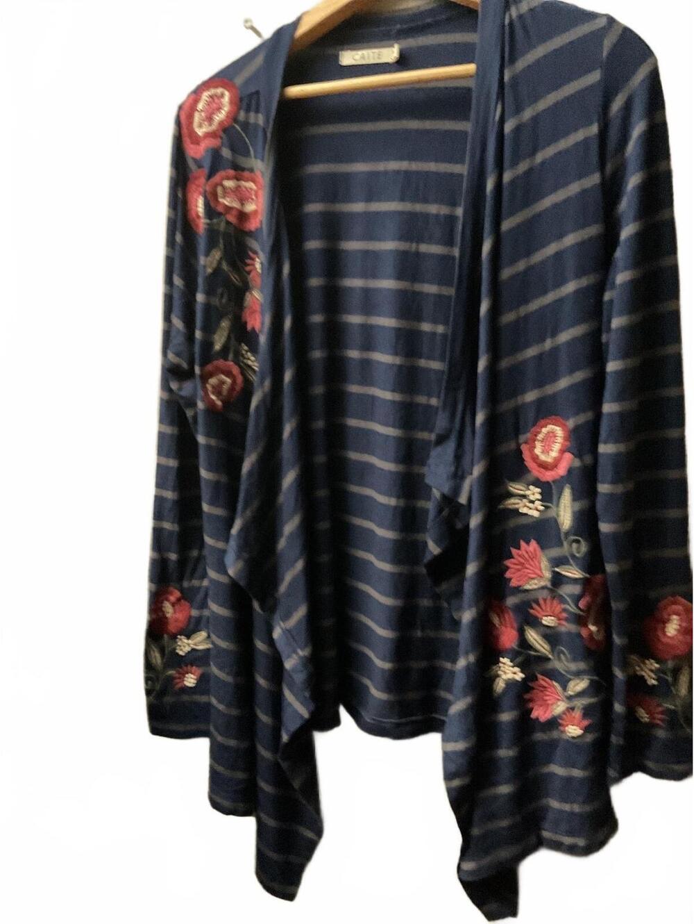 Caite Navy Blue Striped Floral Embroidered Cardigan Size S( Up to a Large)